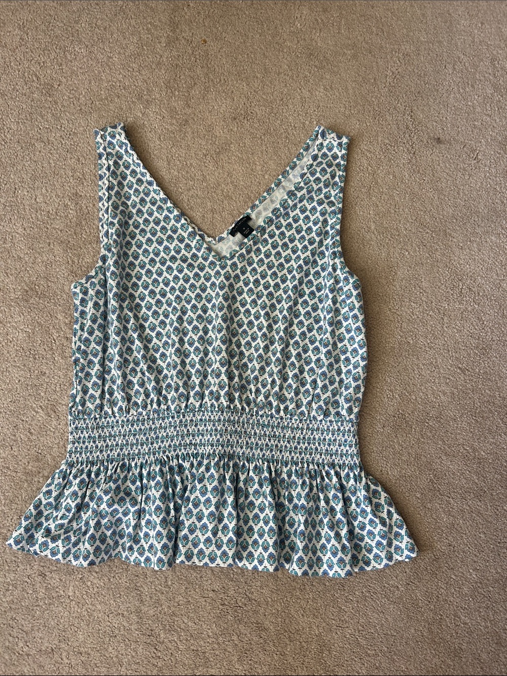 Ann Taylor Blue Geo Smocked Peplum Tank Top